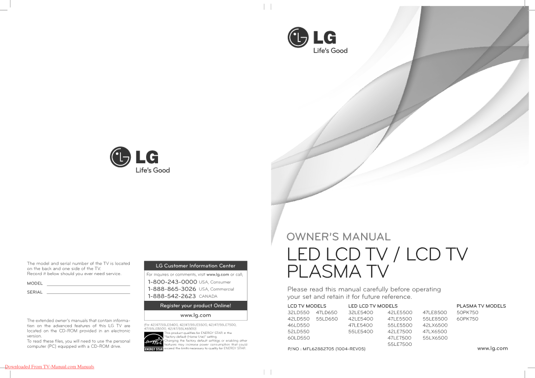 LG Electronics MFL62882705 manual LED LCD TV / LCD TV Plasma TV 