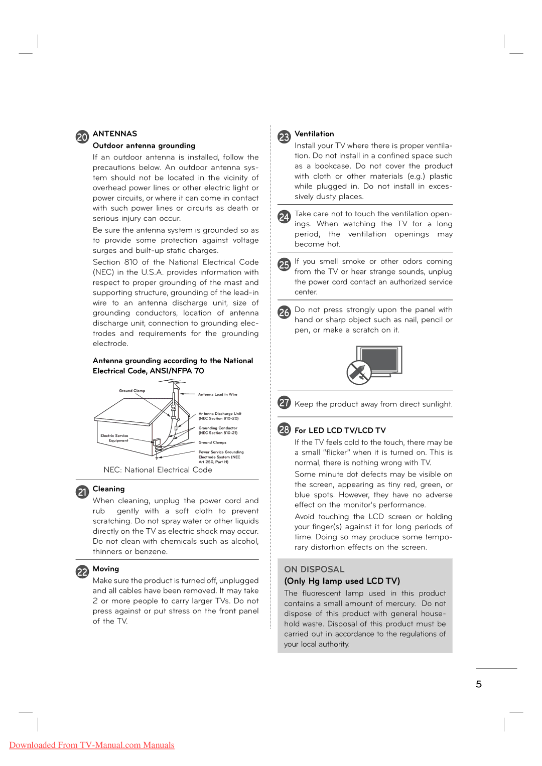 LG Electronics MFL62882705 manual Outdoor antenna grounding, Cleaning, Moving, Ventilation, For LED LCD TV/LCD TV 