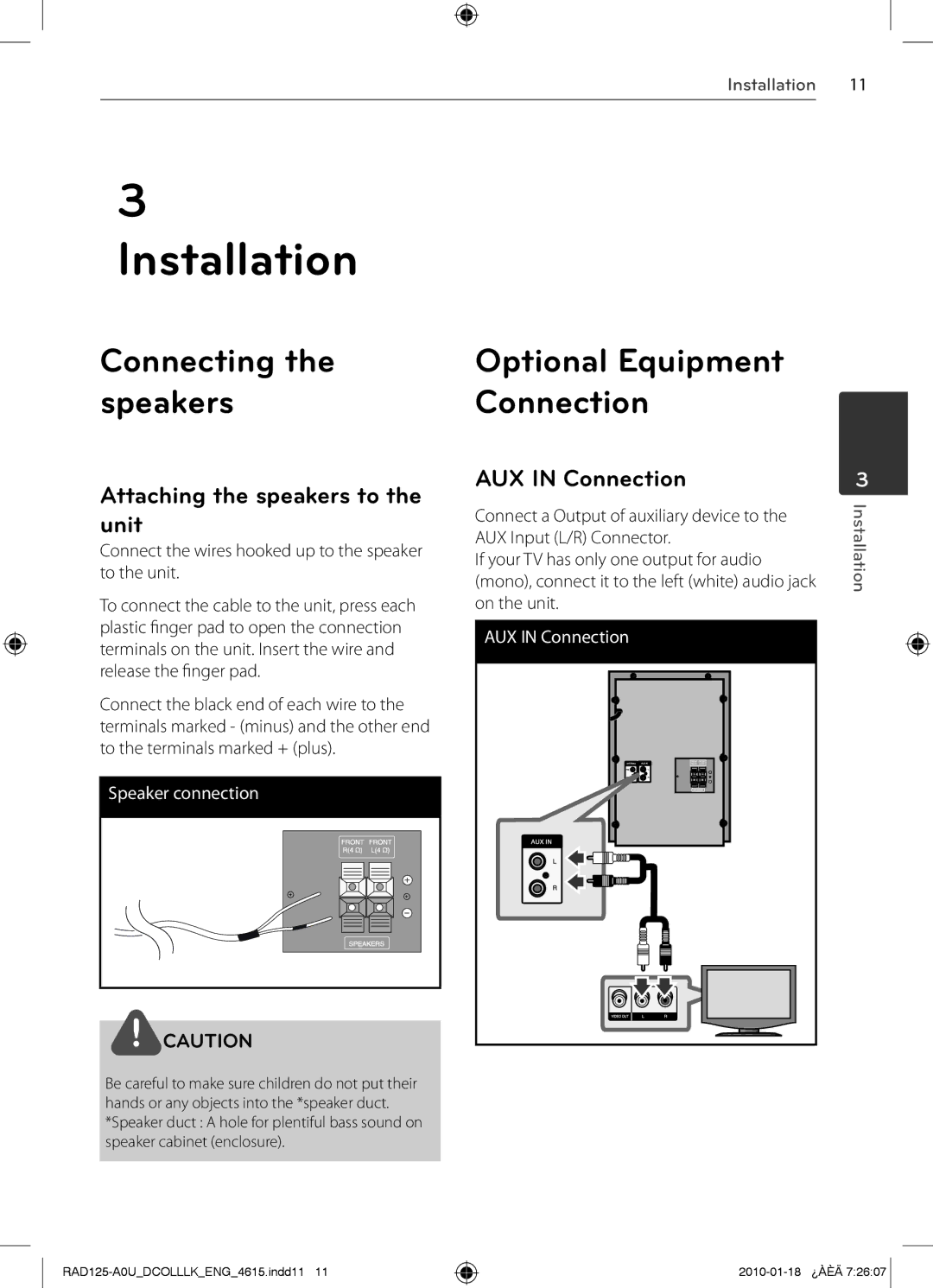 LG Electronics RAD125 Installation, Connecting the speakers, Attaching the speakers to the unit, AUX in Connection 