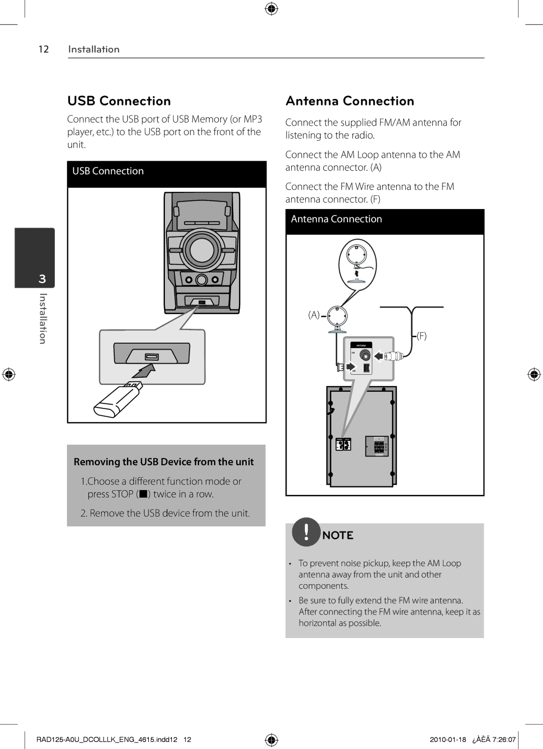 LG Electronics MFL63284615, RAS125F, RAD125 USB Connection, Antenna Connection, Removing the USB Device from the unit 