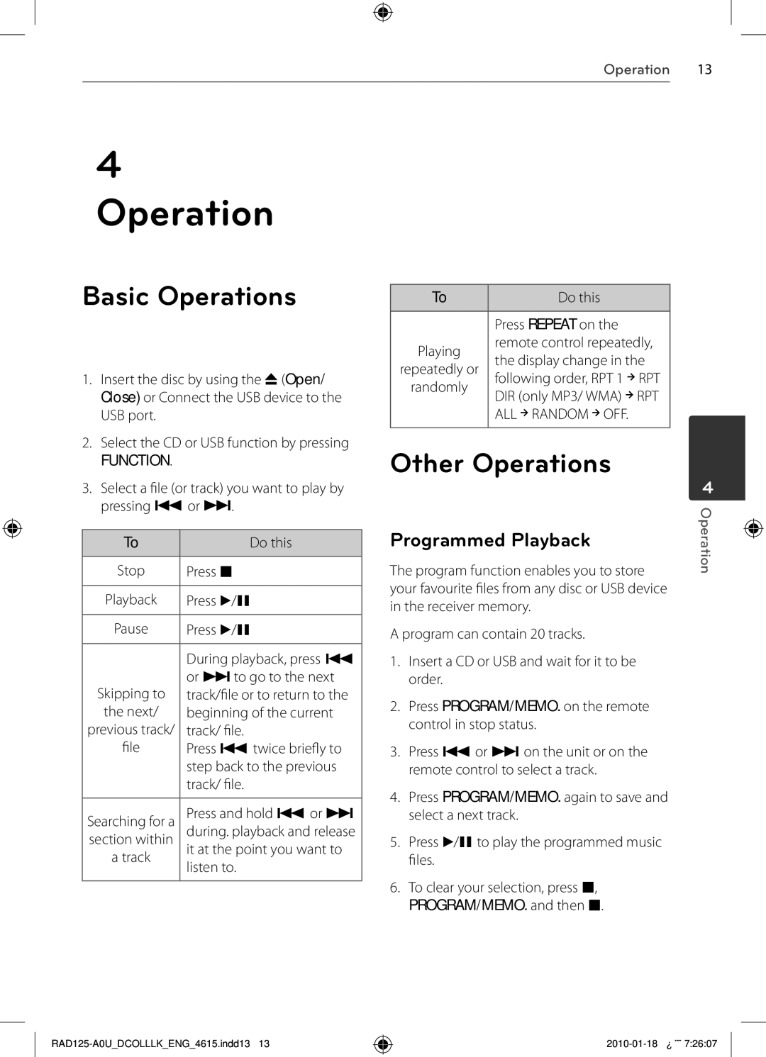 LG Electronics RAS125F, MFL63284615, RAD125 owner manual Basic Operations, Other Operations, Programmed Playback 