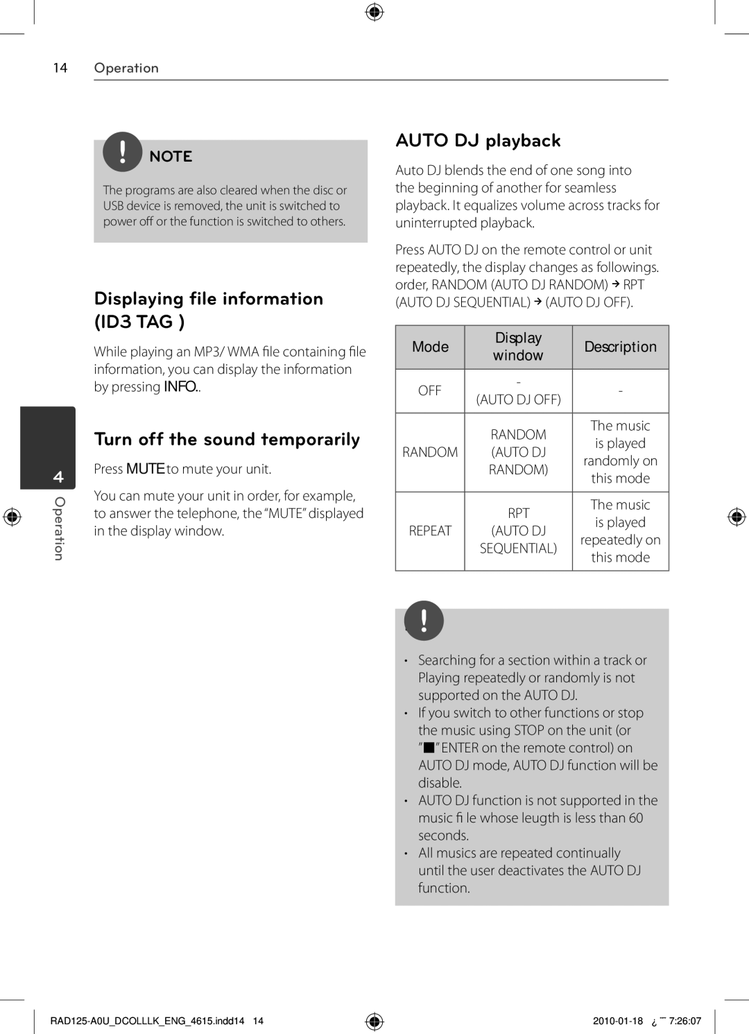LG Electronics RAD125, MFL63284615 Displaying file information ID3 TAG, Turn off the sound temporarily, Auto DJ playback 