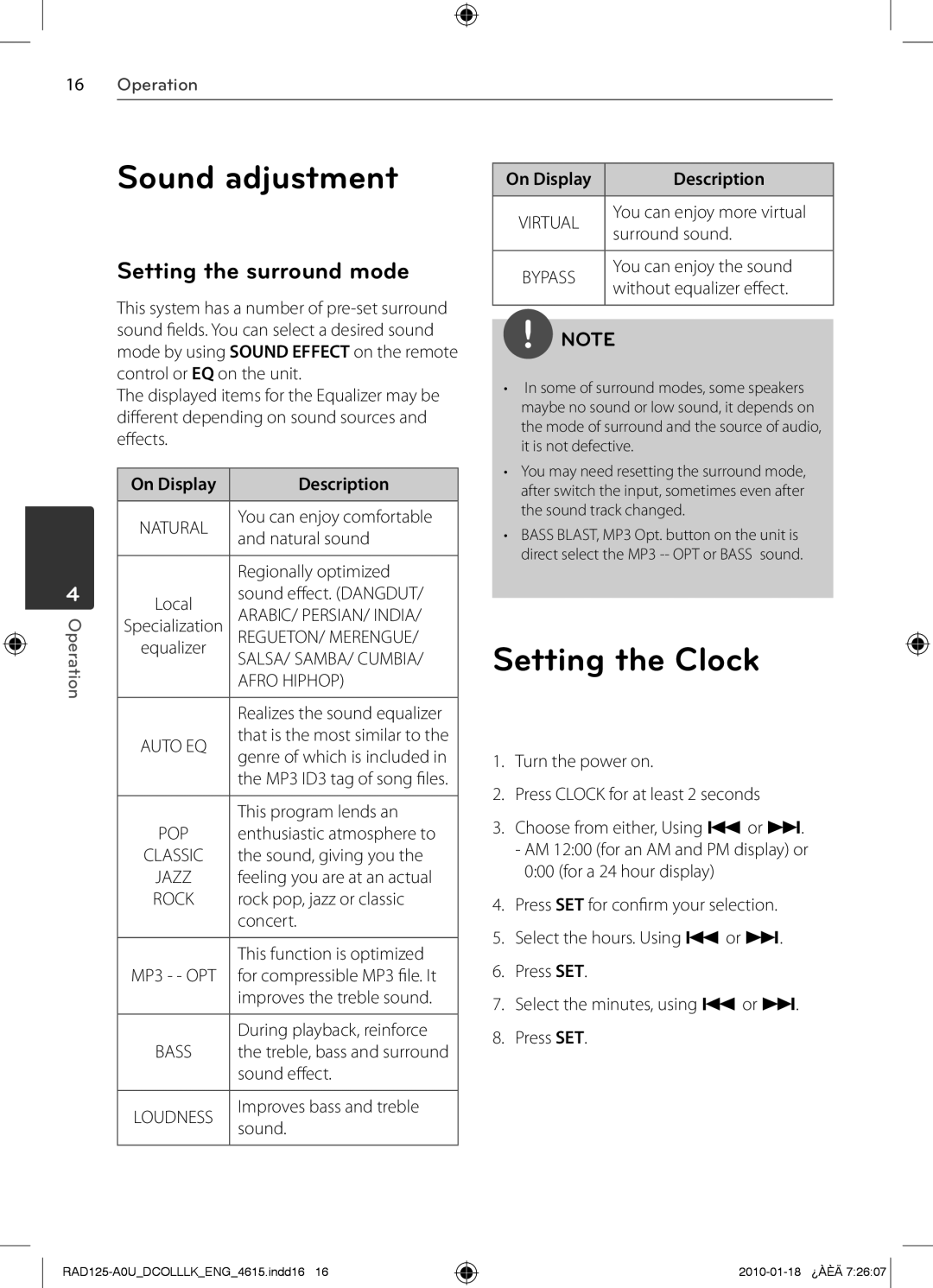 LG Electronics RAS125F, MFL63284615 Sound adjustment, Setting the Clock, Setting the surround mode, On Display Description 