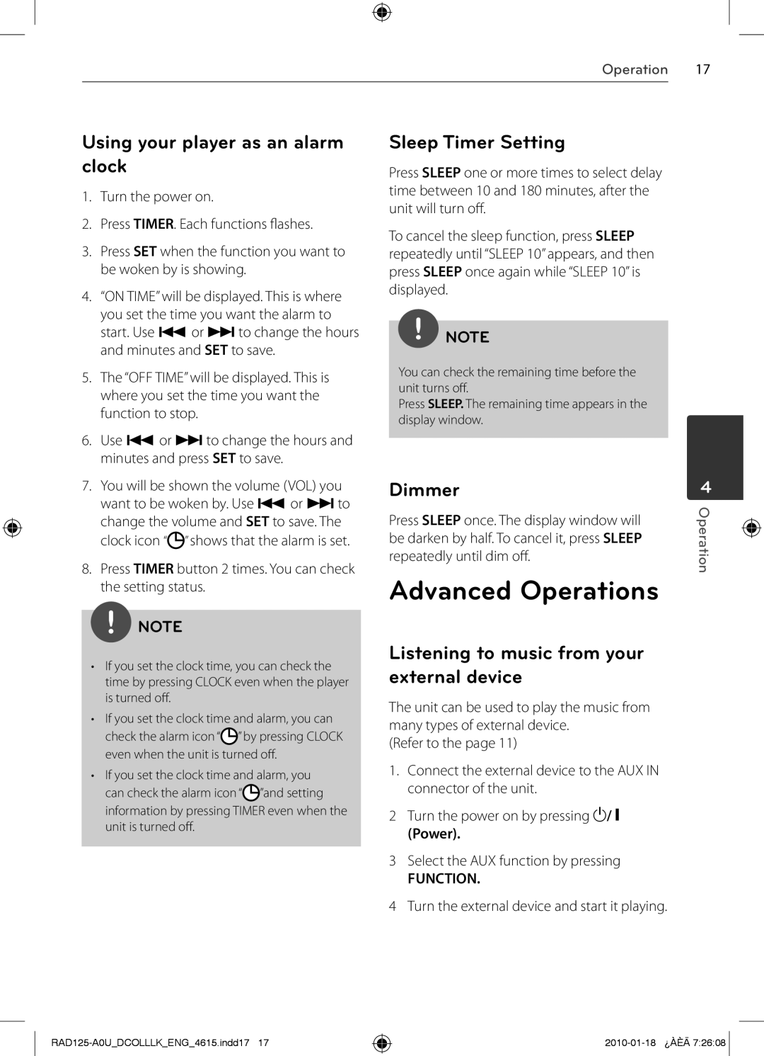 LG Electronics RAD125, MFL63284615 Advanced Operations, Using your player as an alarm clock, Sleep Timer Setting, Dimmer 