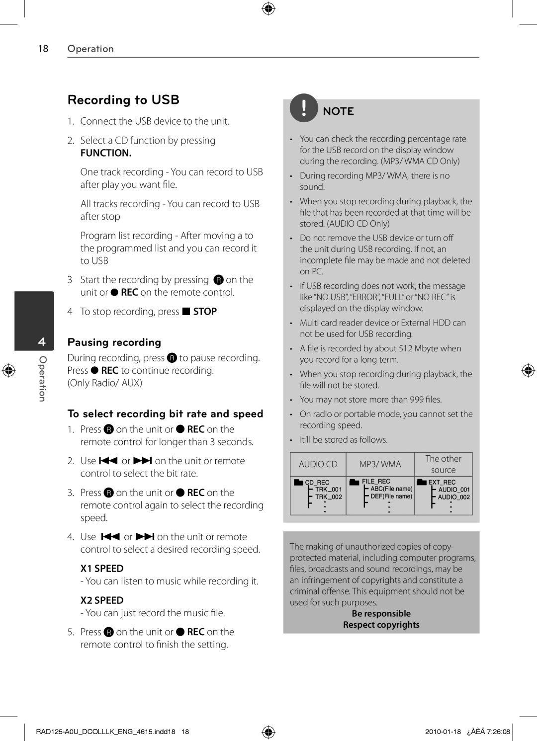 LG Electronics MFL63284615, RAS125F, RAD125 owner manual Recording to USB, To stop recording, press x Stop, Only Radio/ AUX 