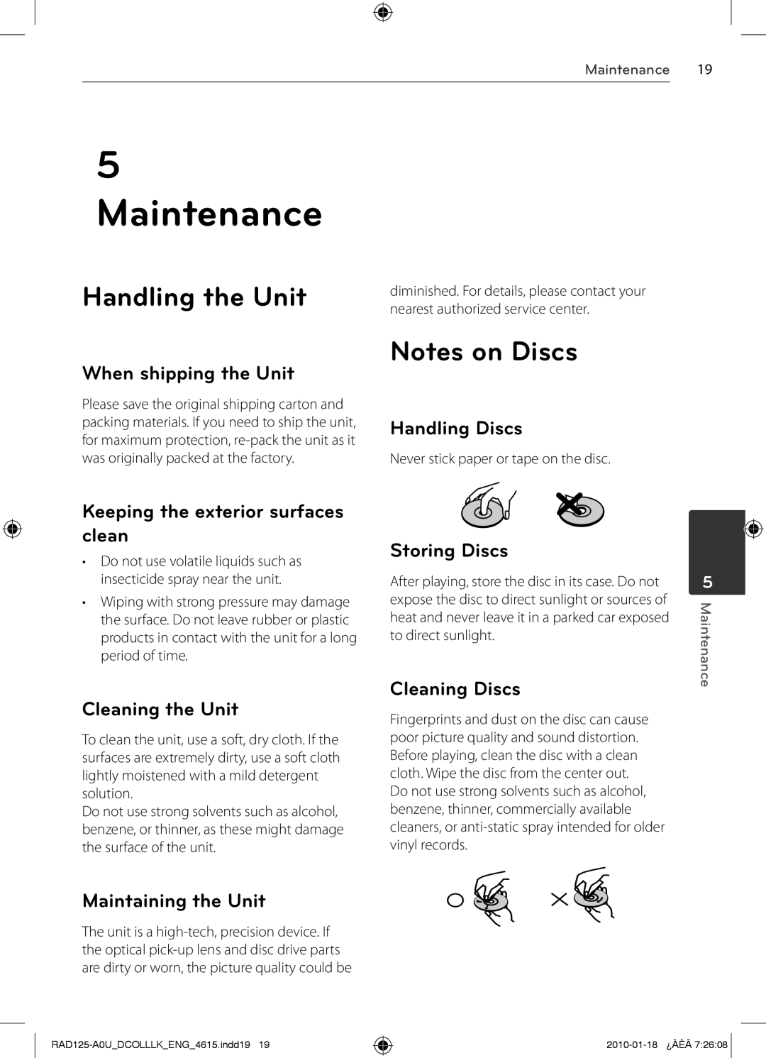 LG Electronics RAS125F, MFL63284615, RAD125 owner manual Maintenance, Handling the Unit 