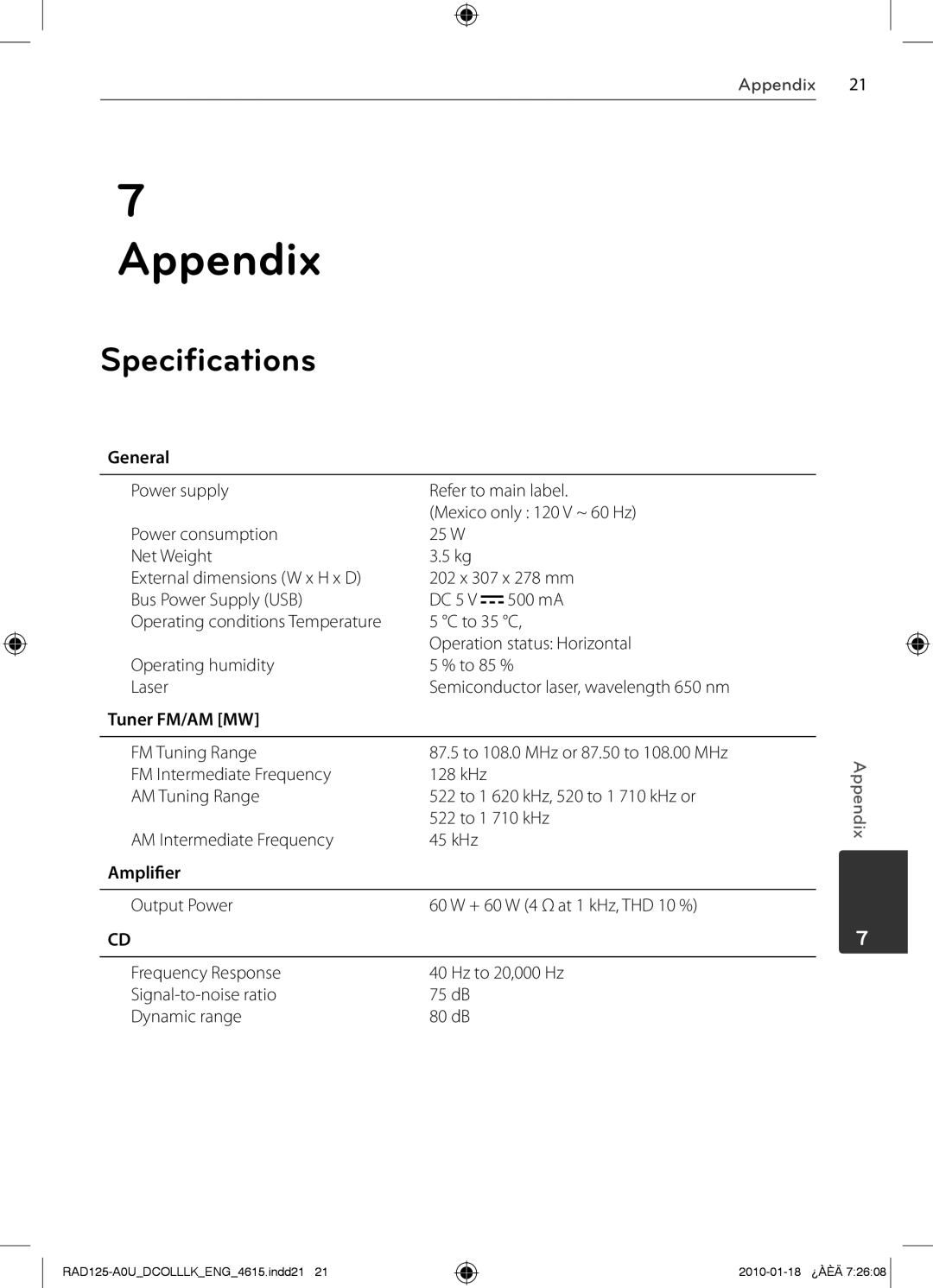 LG Electronics MFL63284615, RAS125F, RAD125 owner manual Appendix, Specifications, General, Tuner FM/AM MW, Amplifier 