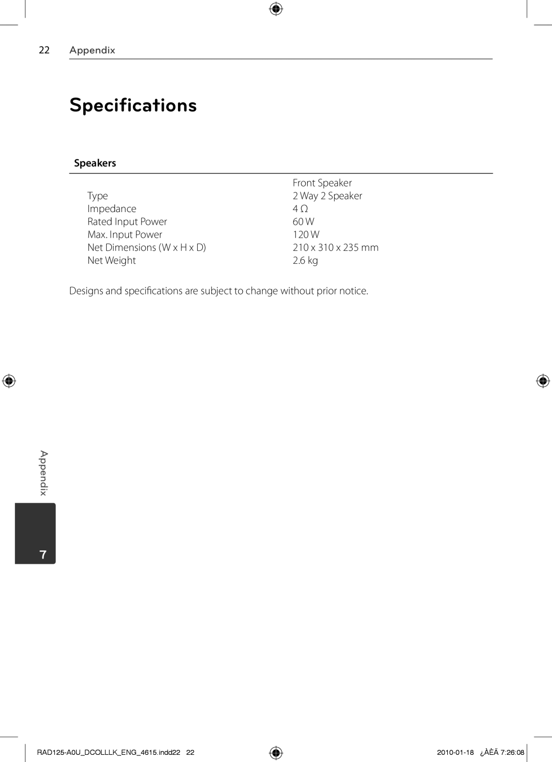 LG Electronics RAS125F, MFL63284615, RAD125 owner manual Speakers, Front Speaker 