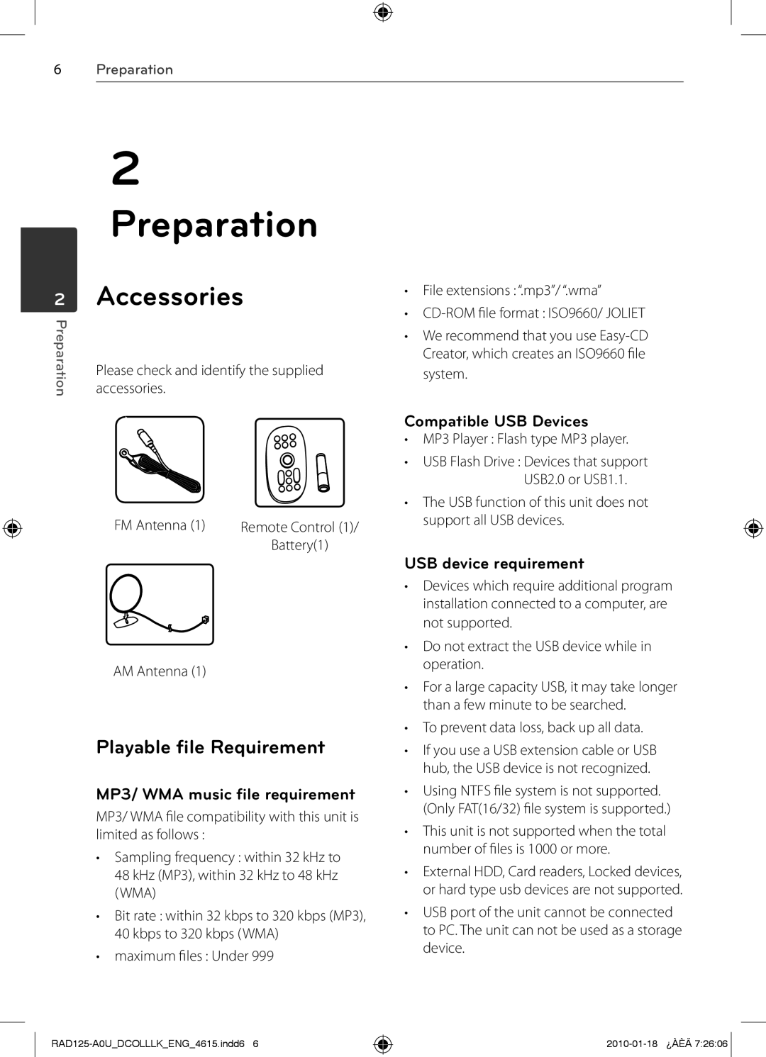 LG Electronics MFL63284615, RAS125F, RAD125 owner manual Accessories, Playable file Requirement 