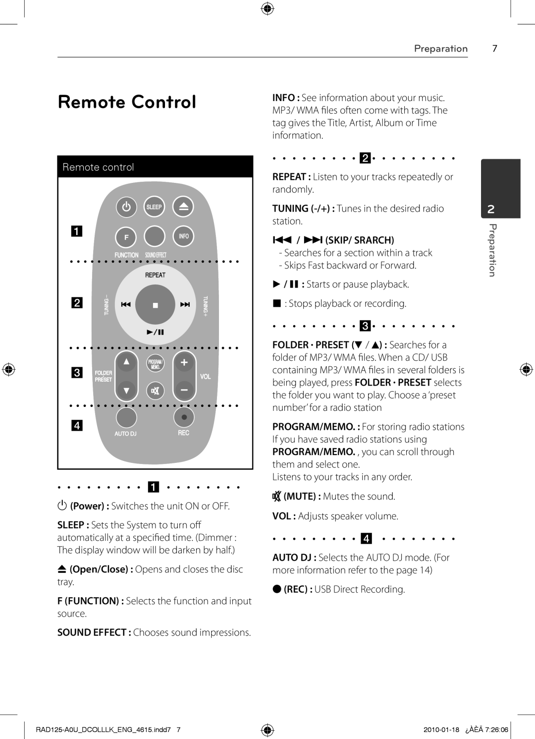 LG Electronics RAS125F, MFL63284615, RAD125 owner manual Remote Control, SKIP/ Srarch 