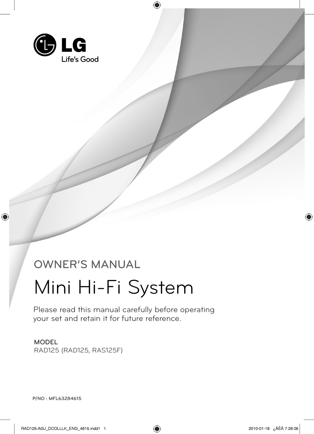 LG Electronics owner manual Mini Hi-FiSystem, MODEL RAD125 RAD125, RAS125F, P/NO MFL63284615, 2010-01-18¿ÀÈÄ 