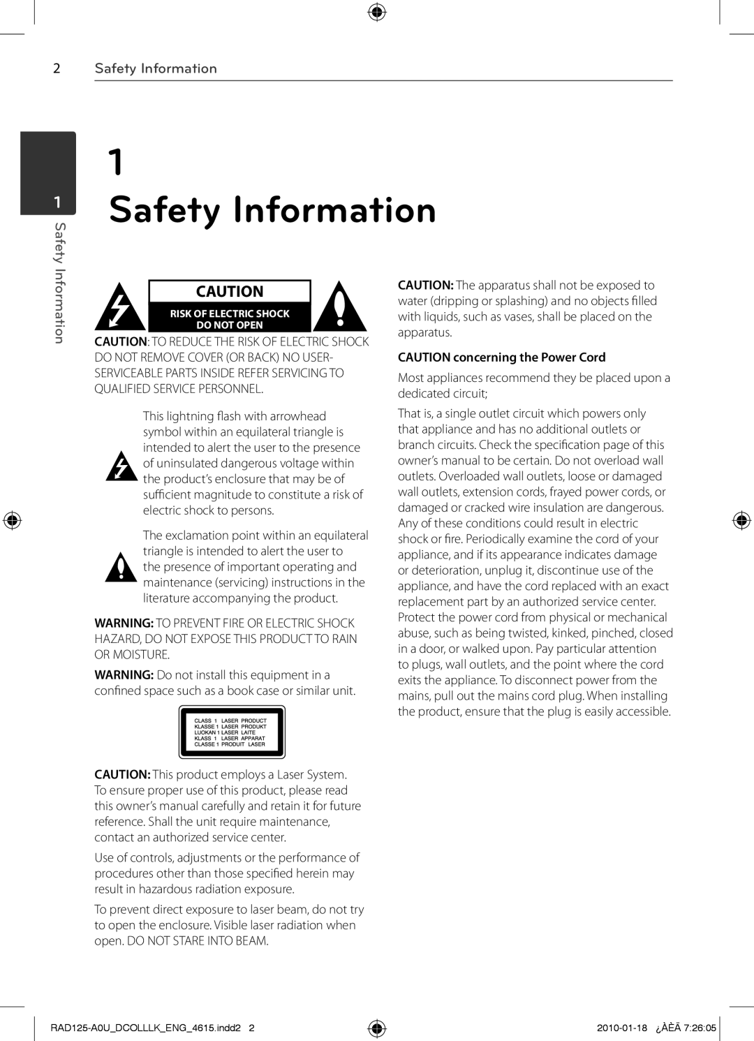 LG Electronics RAD125, MFL63284615, RAS125F owner manual Safety Information, CAUTION concerning the Power Cord 