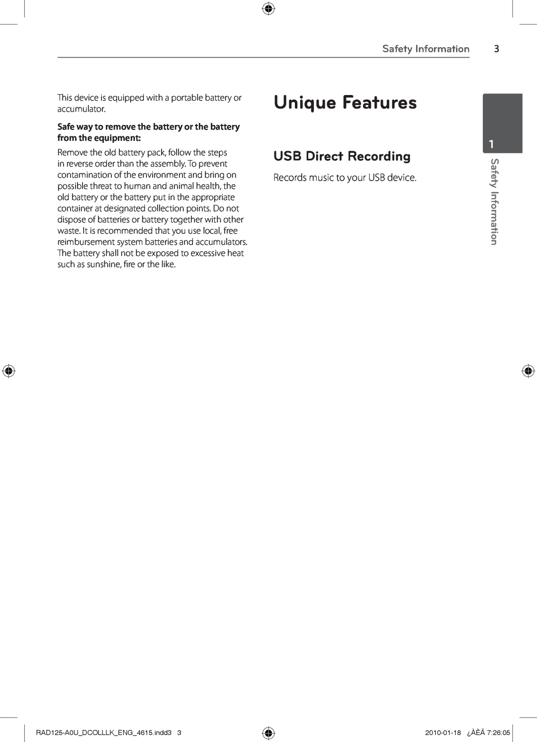 LG Electronics MFL63284615, RAS125F, RAD125 owner manual Unique Features, USB Direct Recording, Safety Information 