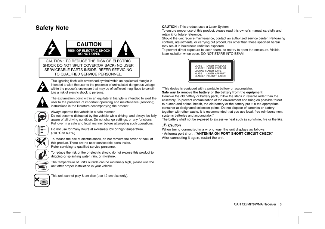 LG Electronics LCS500UN, MFL63287304, LCS300AR, LCS500UR, LCS300AN owner manual Safety Note, Risk of Electric Shock Do not Open 