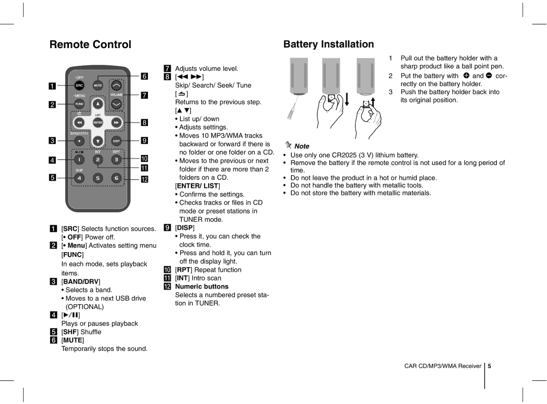 LG Electronics MFL63287304, LCS300AR, LCS500UR, LCS500UN, LCS300AN owner manual Remote Control, Battery Installation, Band/Drv 