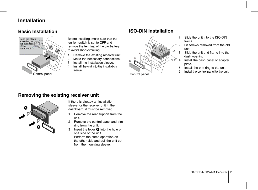 LG Electronics LCS500UR, MFL63287304 Basic Installation, ISO-DIN Installation, Removing the existing receiver unit 