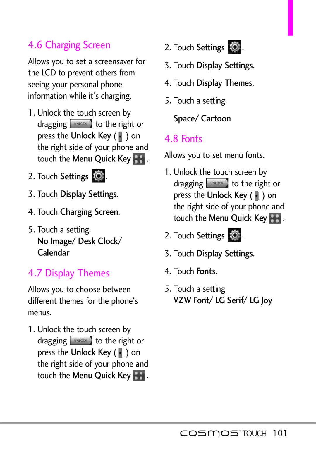 LG Electronics MFL67011101 manual Charging Screen, Display Themes, Fonts 