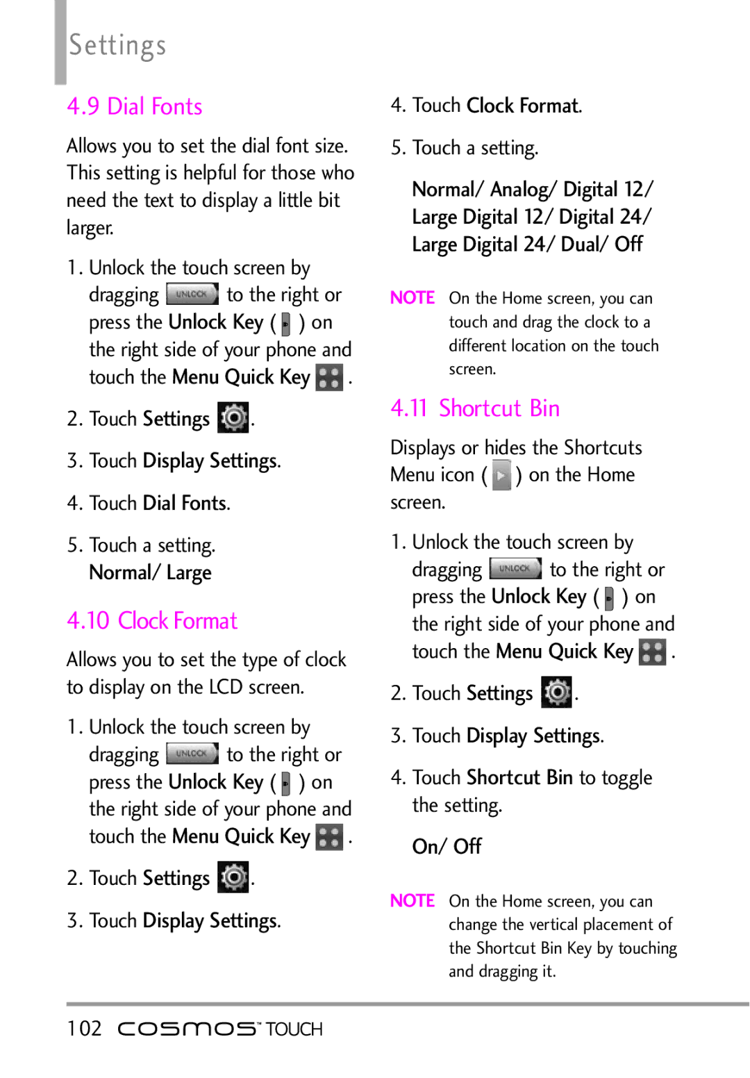 LG Electronics MFL67011101 manual Clock Format, Shortcut Bin, Settings Touch Display Settings Touch Dial Fonts 