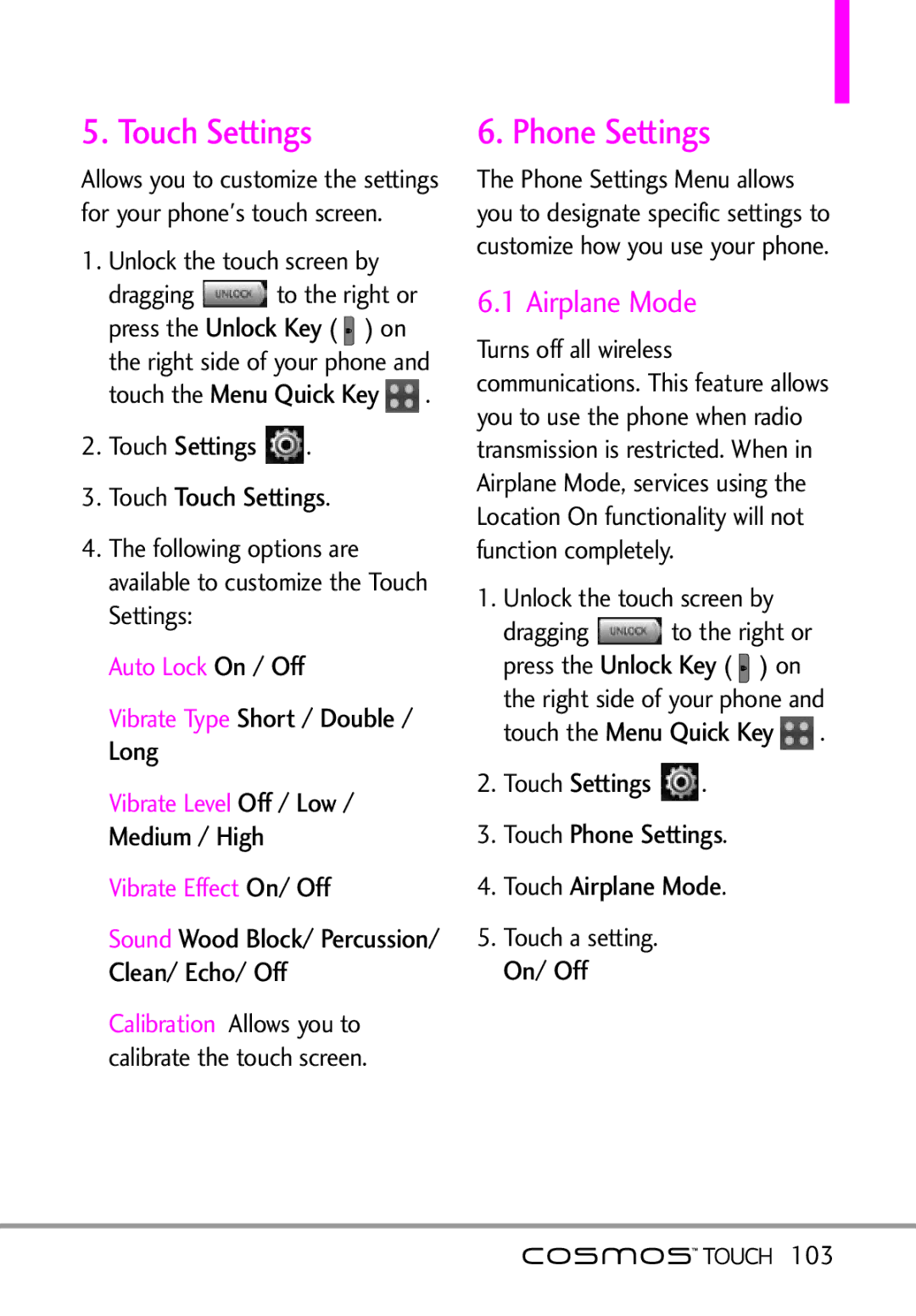 LG Electronics MFL67011101 manual Phone Settings, Settings Touch Touch Settings, 103 