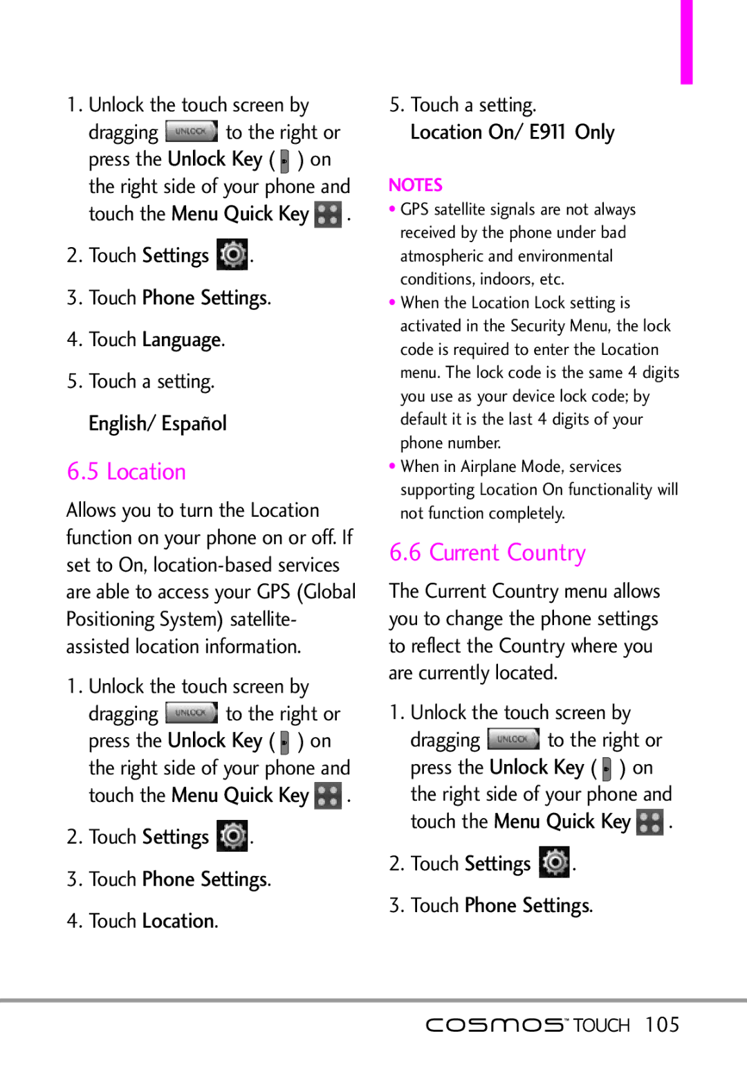 LG Electronics MFL67011101 manual Location, Current Country, Settings Touch Phone Settings Touch Language, 105 