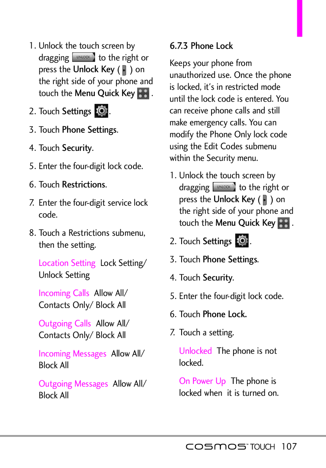 LG Electronics MFL67011101 manual Touch Restrictions, Touch Phone Lock, 107 