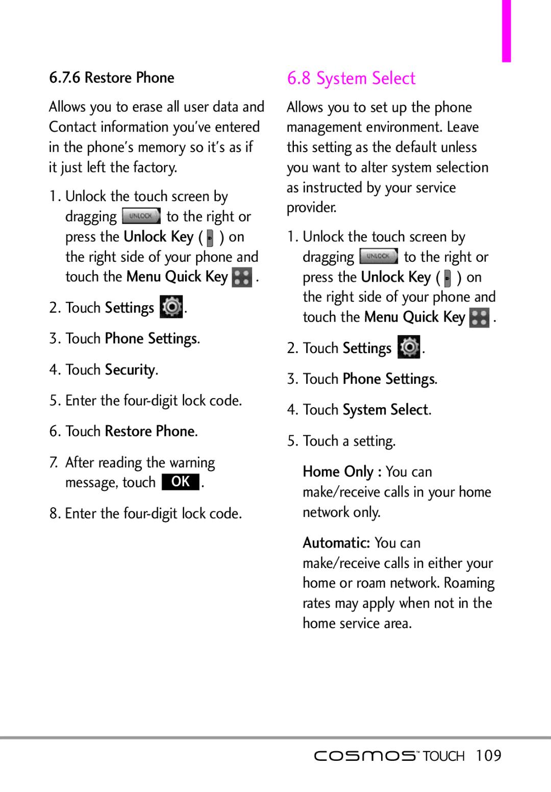 LG Electronics MFL67011101 manual Touch Restore Phone, Settings Touch Phone Settings Touch System Select, 109 