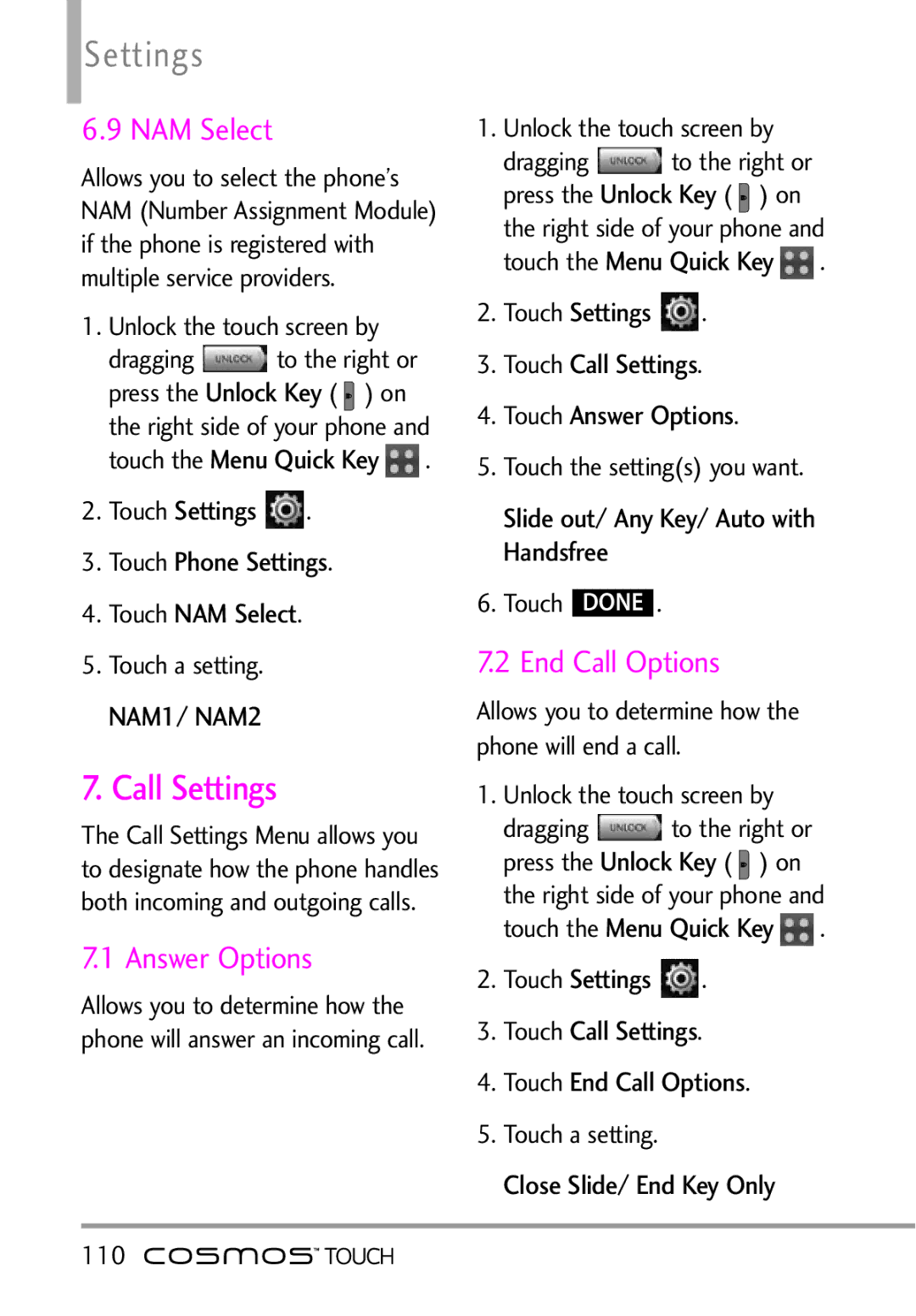 LG Electronics MFL67011101 manual Call Settings, NAM Select, End Call Options 