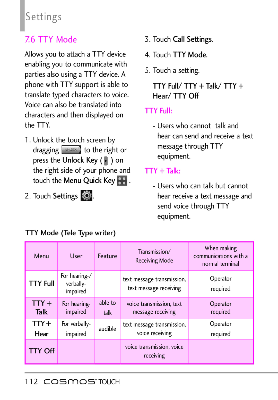 LG Electronics MFL67011101 manual Touch Call Settings Touch TTY Mode, TTY Full/ TTY + Talk/ TTY + Hear/ TTY Off, 112 