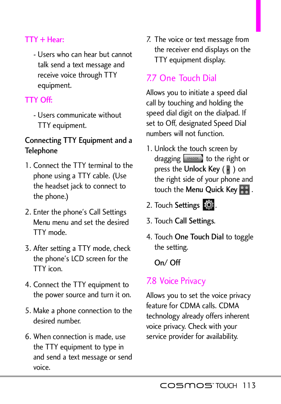 LG Electronics MFL67011101 manual One Touch Dial, Voice Privacy, Settings Touch Call Settings, 113 