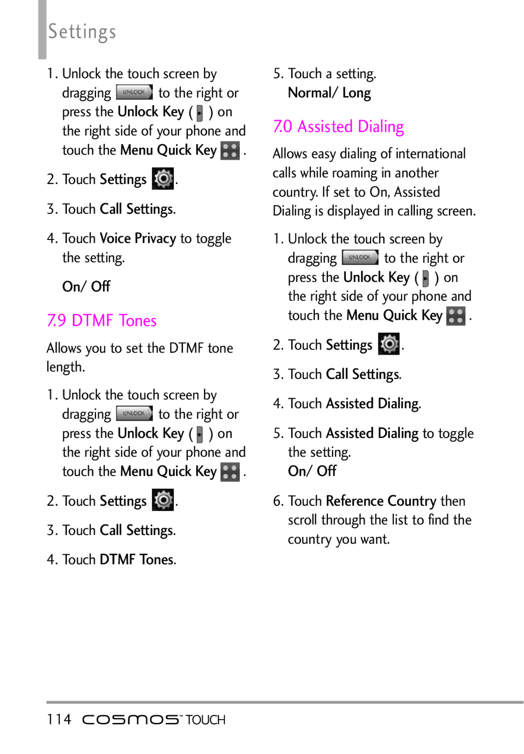 LG Electronics MFL67011101 manual Assisted Dialing, Settings Touch Call Settings Touch Dtmf Tones, 114 