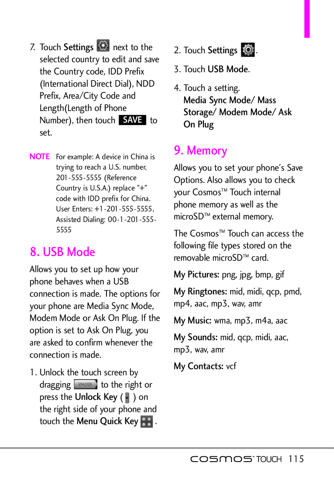 LG Electronics MFL67011101 manual Memory, Touch USB Mode, Media Sync Mode/ Mass Storage/ Modem Mode/ Ask On Plug, 115 