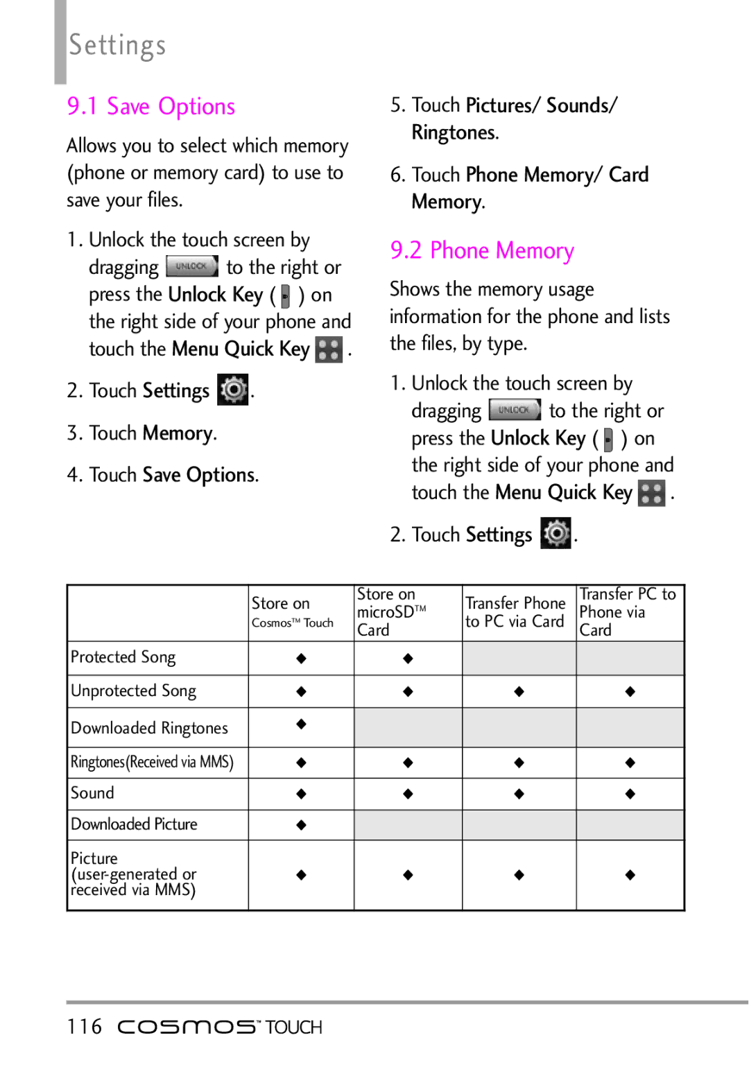 LG Electronics MFL67011101 manual Phone Memory, Touch Save Options, Touch Memory, 116 