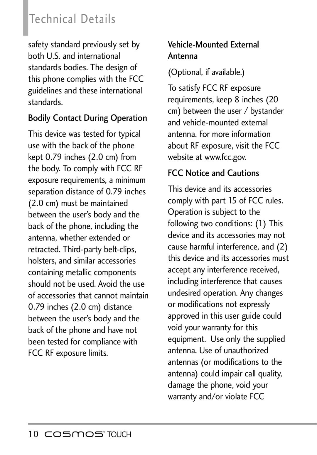 LG Electronics MFL67011101 manual Technical Details, Vehicle-Mounted External Antenna, FCC Notice and Cautions 