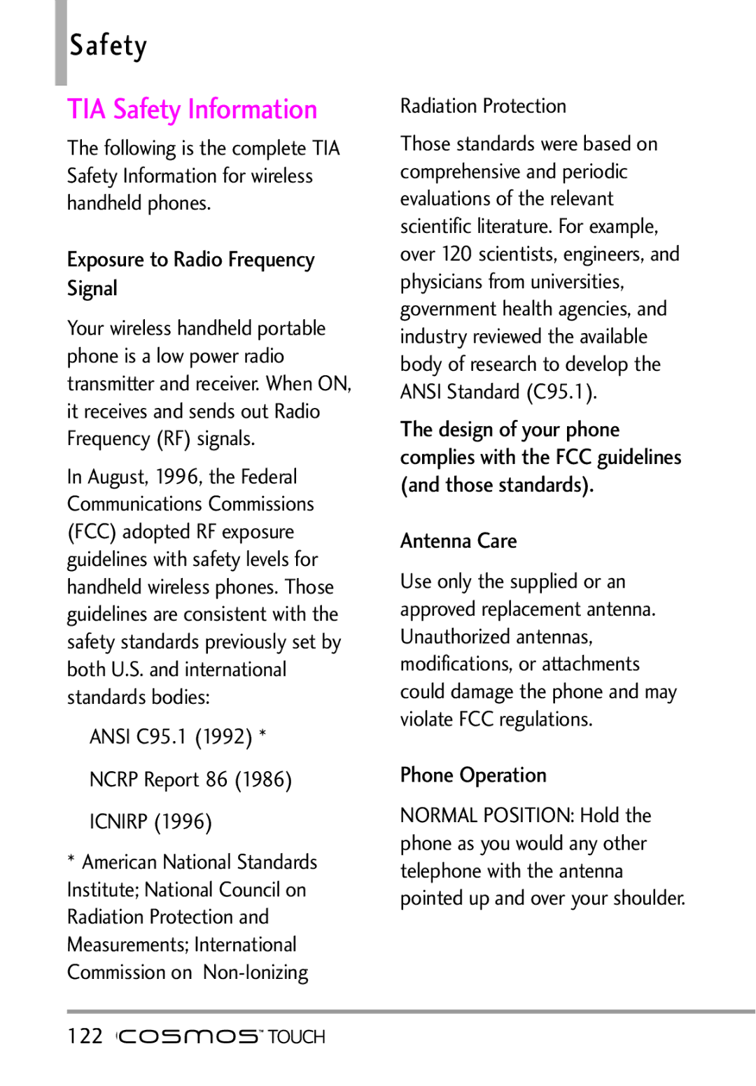 LG Electronics MFL67011101 TIA Safety Information, Exposure to Radio Frequency Signal, Antenna Care, Phone Operation 