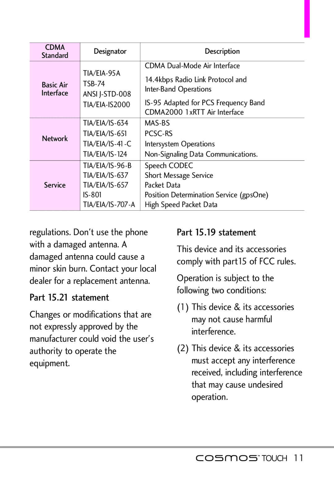 LG Electronics MFL67011101 manual Part 15.19 statement, TIA/EIA-95A 