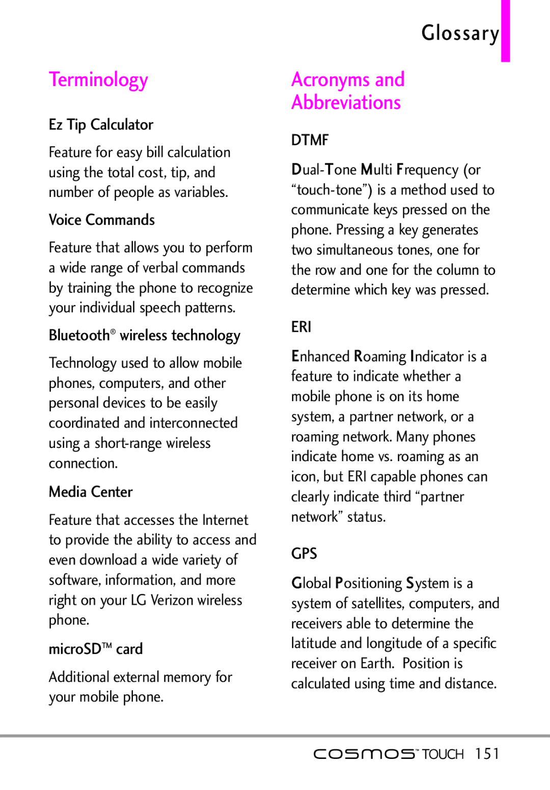 LG Electronics MFL67011101 Glossary, Terminology, Acronyms Abbreviations, Bluetooth wireless technology, MicroSDTM card 