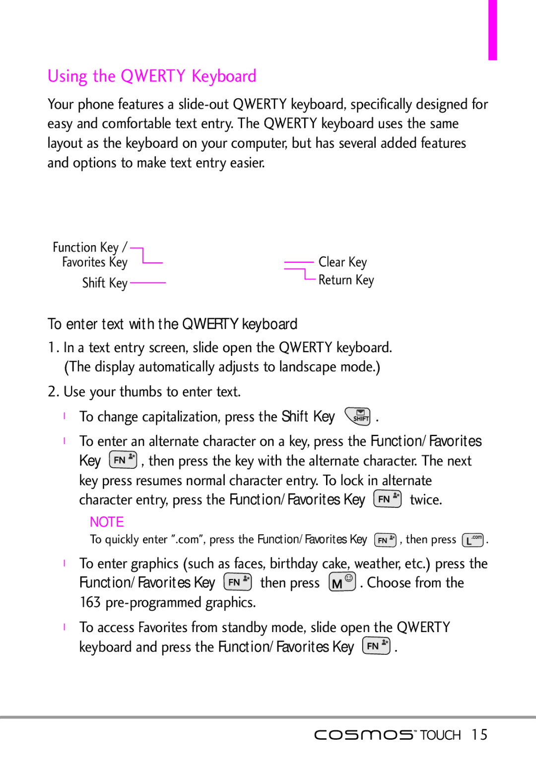 LG Electronics MFL67011101 Using the Qwerty Keyboard, To enter text with the Qwerty keyboard, Shift Key, Avorites Key 