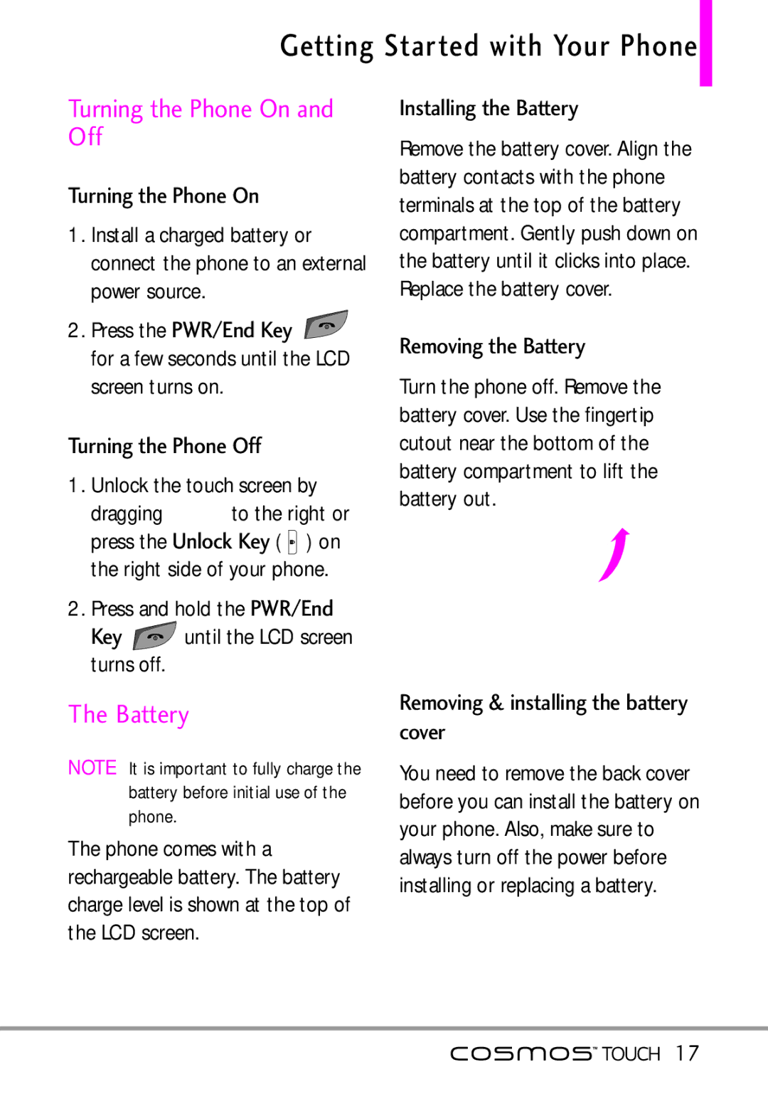 LG Electronics MFL67011101 manual Getting Started with Your Phone, Turning the Phone On and Off, Battery 