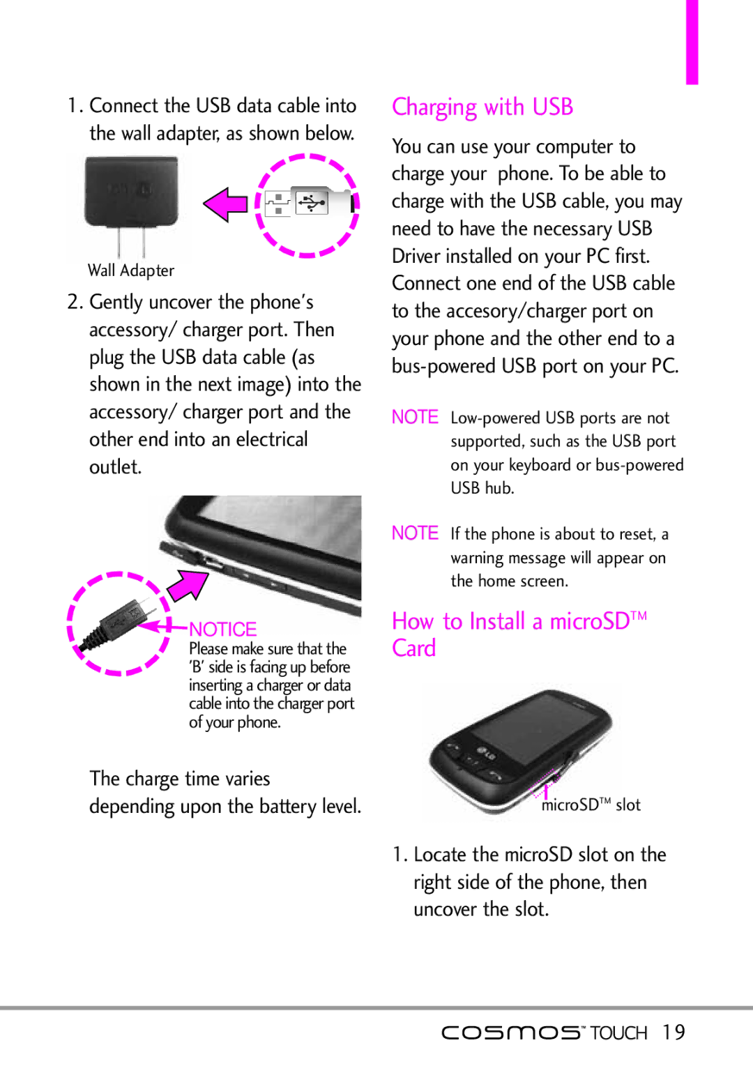 LG Electronics MFL67011101 manual Charging with USB, How to Install a microSDTM Card 