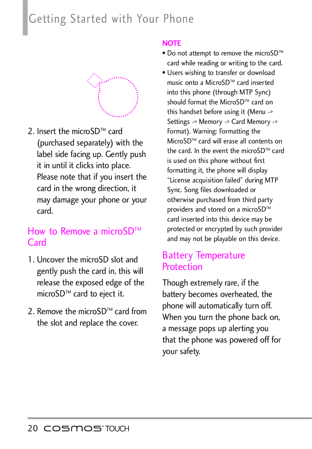 LG Electronics MFL67011101 manual How to Remove a microSDTM Card, Battery Temperature Protection 