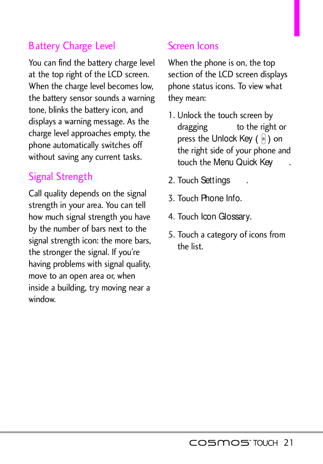 LG Electronics MFL67011101 manual Battery Charge Level, Screen Icons, Settings Touch Phone Info Touch Icon Glossary 