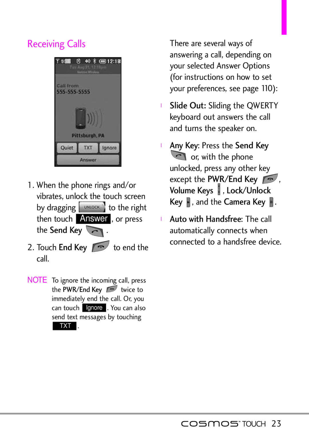 LG Electronics MFL67011101 manual Receiving Calls, Send Key .the, Any Key, TheLock/Unlockphone 