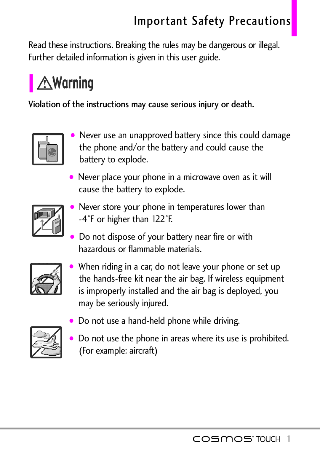 LG Electronics MFL67011101 manual Important Safety Precautions, Never use an unapproved battery since this could damage 