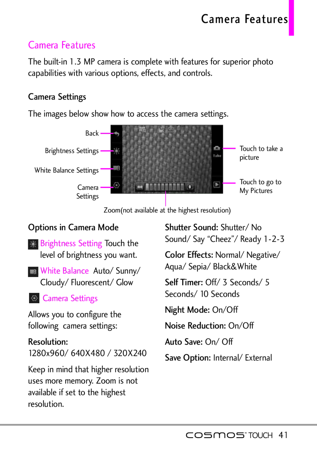 LG Electronics MFL67011101 manual Camera Features, Camera Settings, Mode, Resolution 