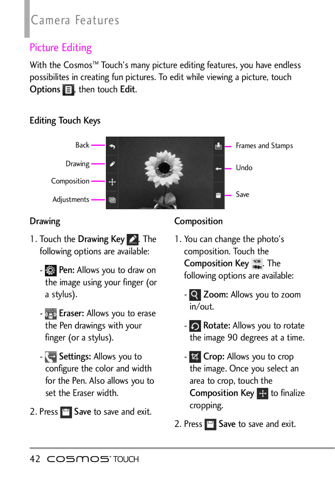 LG Electronics MFL67011101 manual Camera Features, Picture Editing 