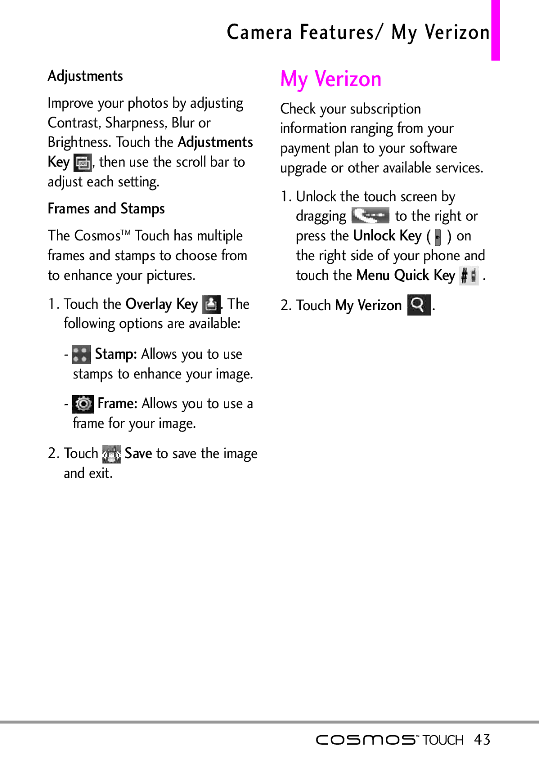 LG Electronics MFL67011101 manual Adjustments, Unlock Key Stamps, Overlay Key, My Verizon 