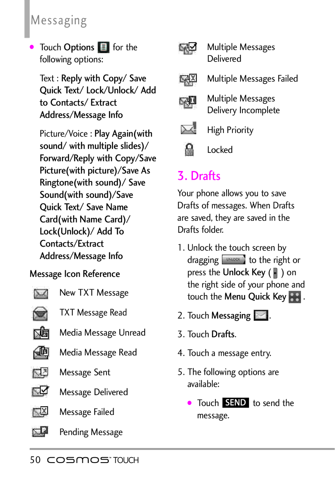 LG Electronics MFL67011101 manual Drafts, Message Icon Reference, Touch Options for the following options 