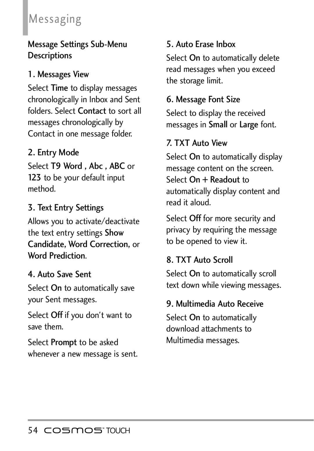 LG Electronics MFL67011101 manual Message Settings Sub-Menu Descriptions Messages View, Entry Mode, Text Entry Settings 