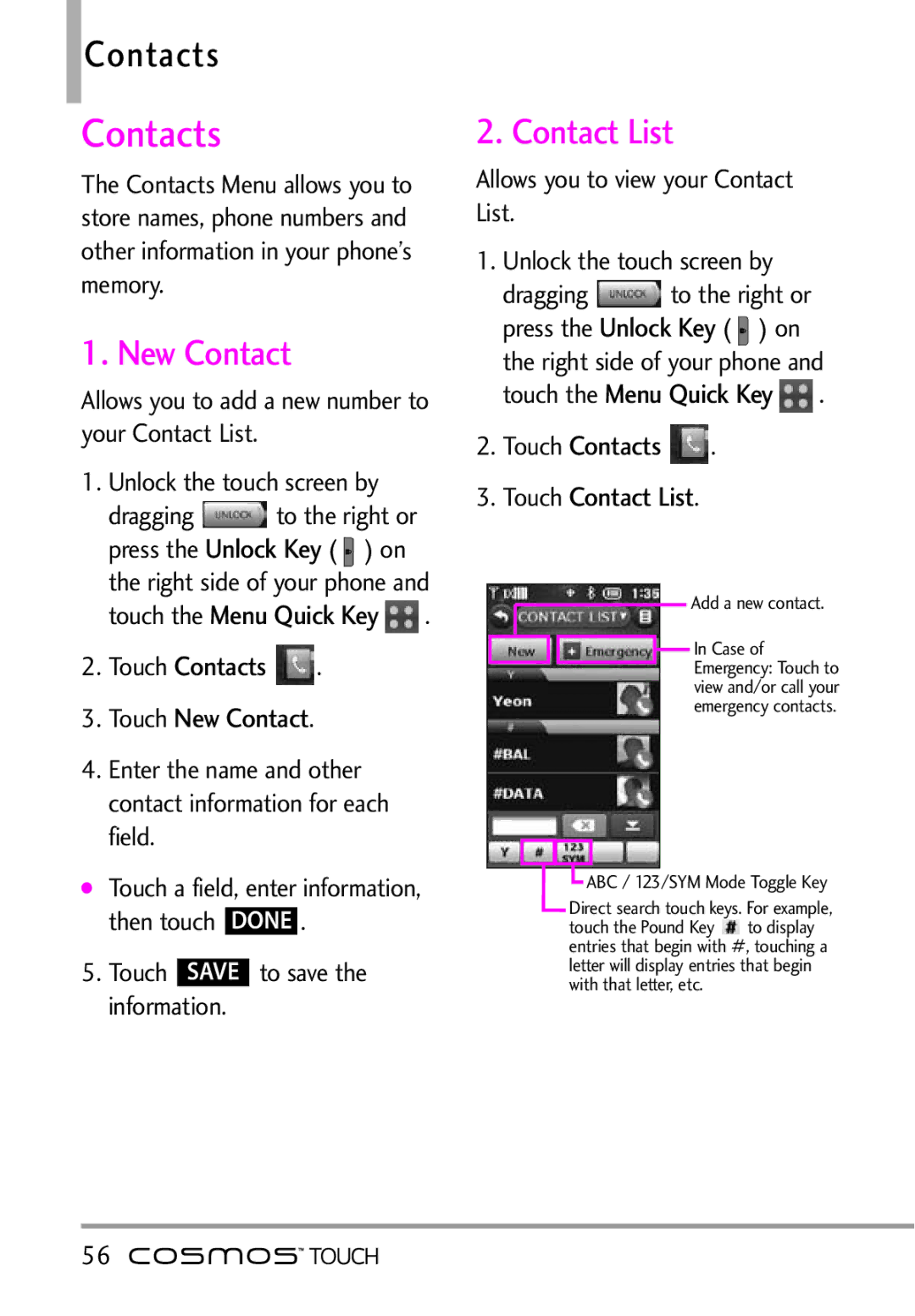 LG Electronics MFL67011101 manual Contacts Touch New Contact, Contacts Touch Contact List 