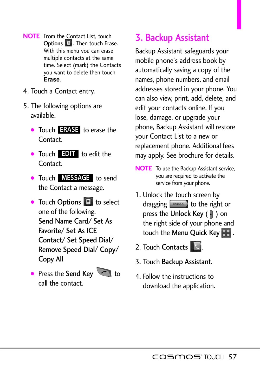 LG Electronics MFL67011101 manual Contacts Touch Backup Assistant, Touch a Contact entry 